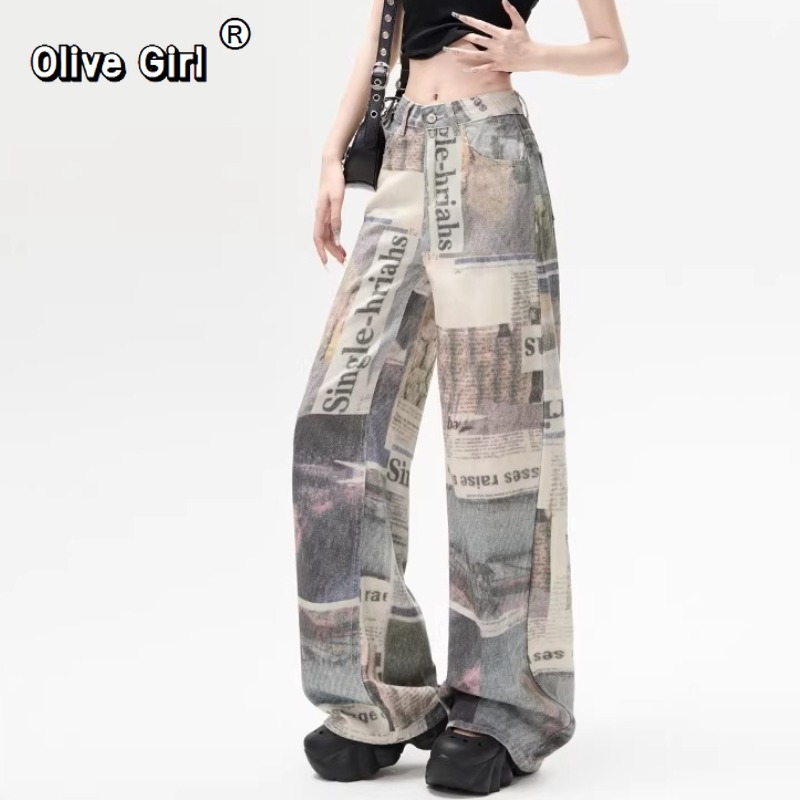 Mom Jean High Rise - Celana Jeans Wanita Olivegirl Motif Grunge